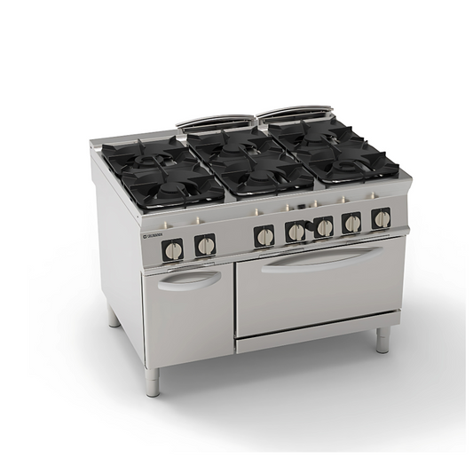 Tecnoinox PFG12GG9 (313216), 6 BURNERS GAS BOILING TOP WITH CAST IRON GRIDS ON GN 2/1GAS STATIC OVEN WITH 1 GR